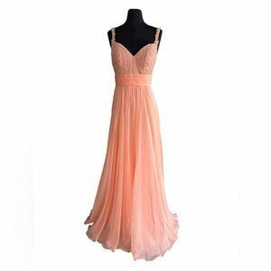 La Femme Apricot Beaded Chiffon Gown Size 6 Lace Bodice V-Neck Formal Prom Dress